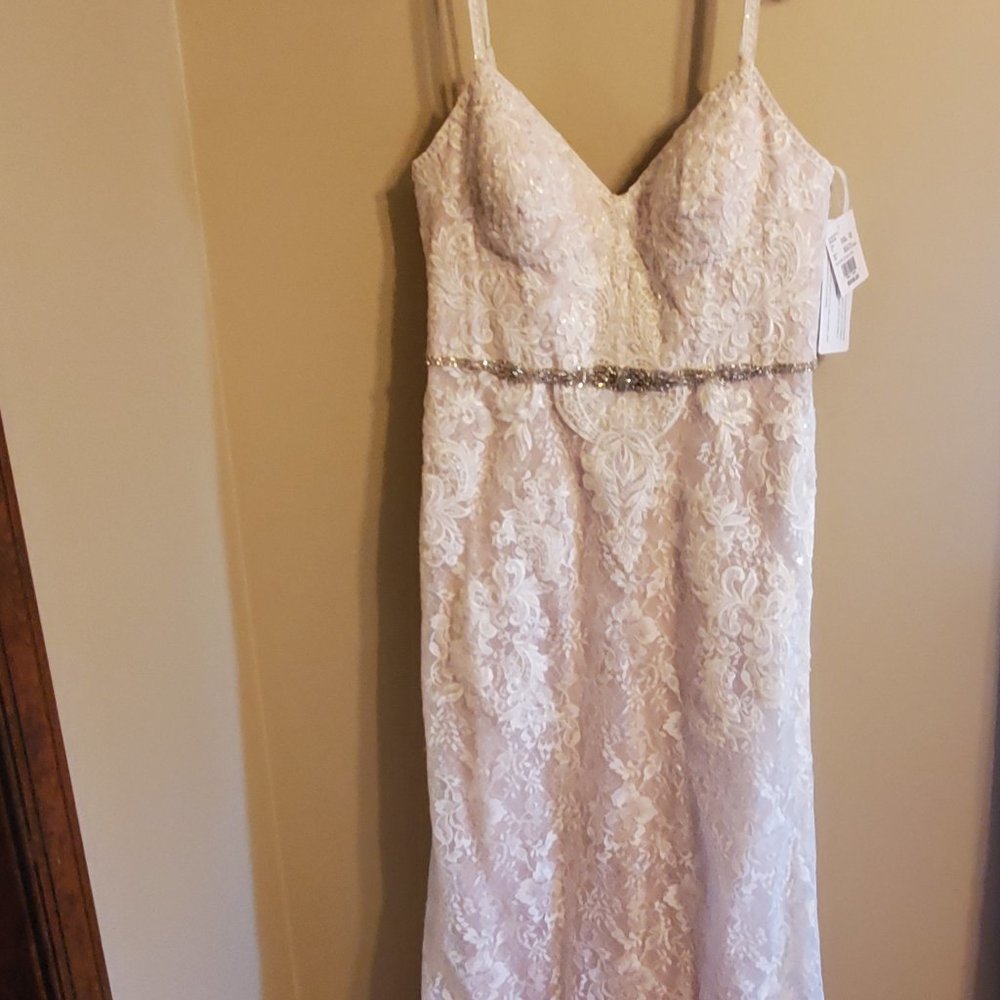 Sequin Lace Sheath Wedding Dress with Crystal Belt